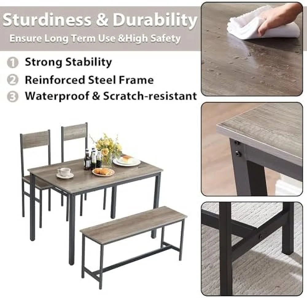 Dining Room Table Set with 2 Chairs and Bench Metal Frame Wood Q5476