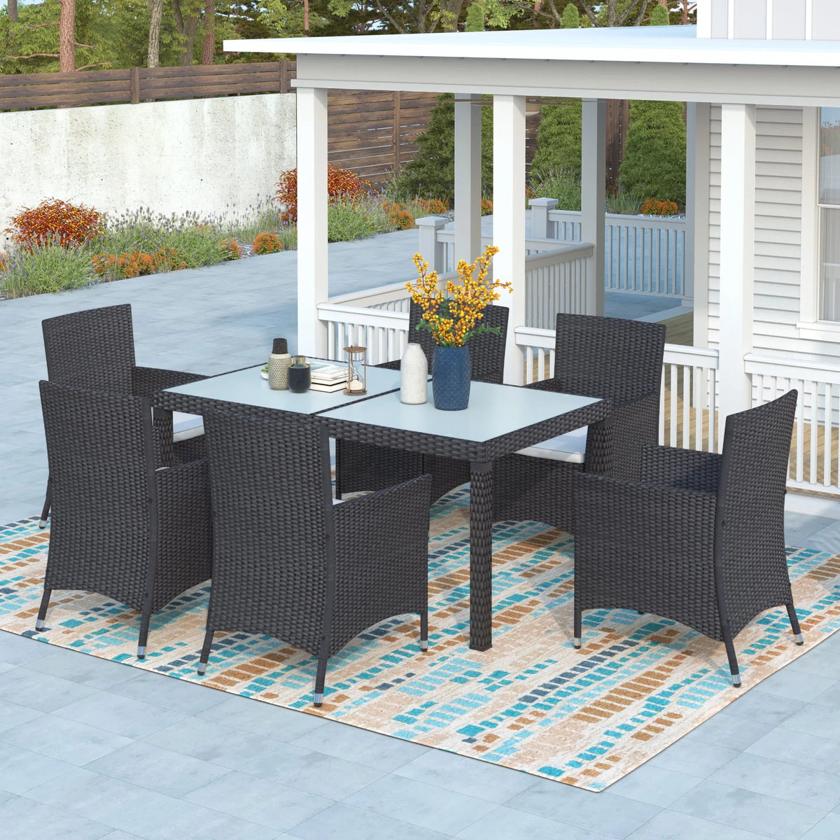 Outdoor PE Rattan Wicker Dining Set of 7 with 6 Chairs Q85952
