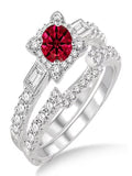 1.5 Carat Ruby & Diamond Vintage Floral Bridal Set Engagement Ring on 10k White Gold Q619