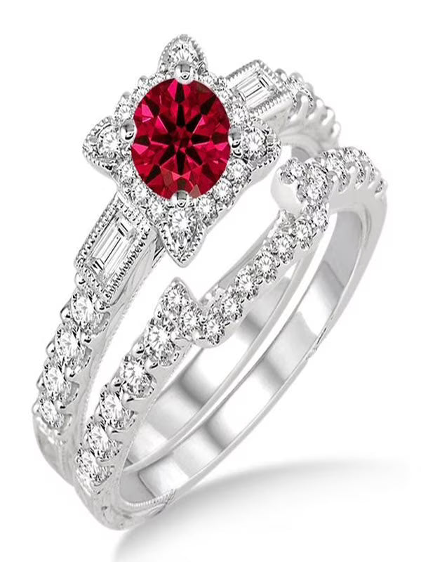 1.5 Carat Ruby & Diamond Vintage Floral Bridal Set Engagement Ring on 10k White Gold Q619