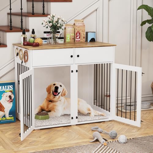 41 Inch White Wooden Dog Crate Furniture with Divider & Double Doors D5710