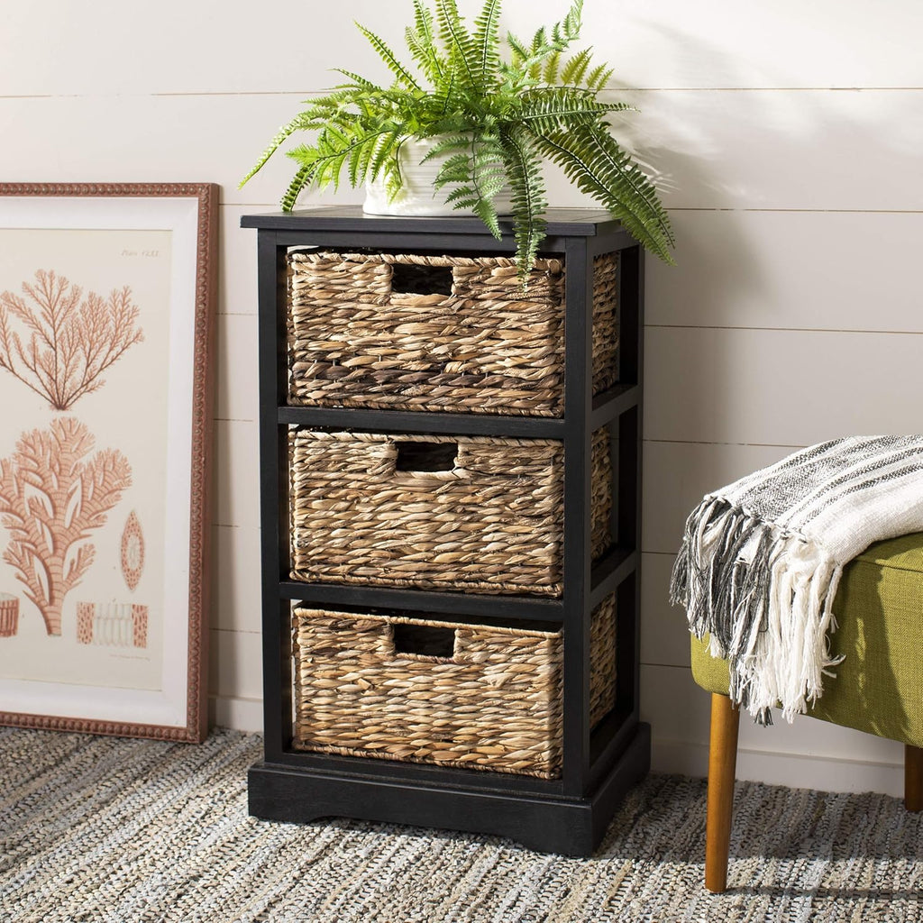 Distressed Black 3 Wicker Basket Storage Side Table D22353