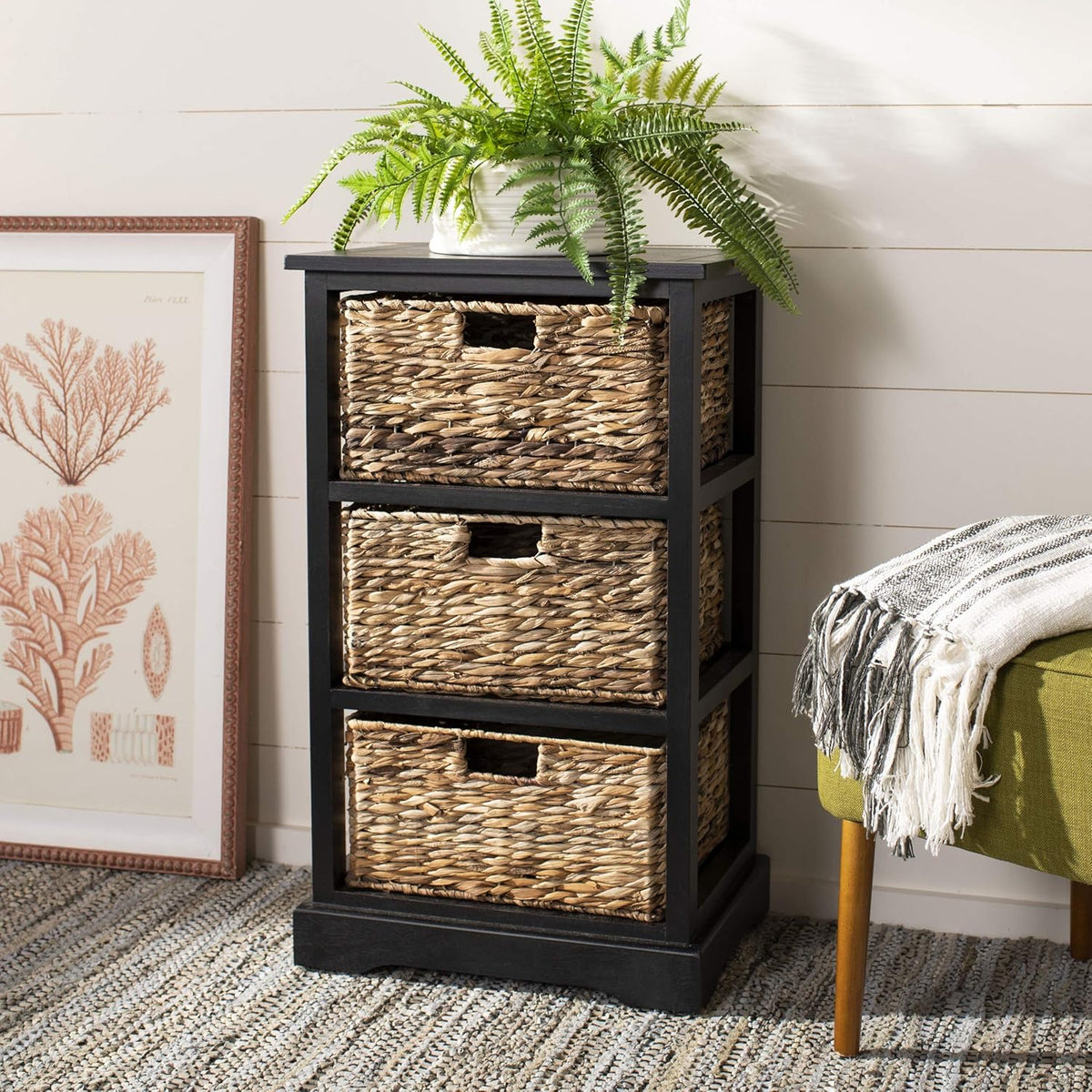 Distressed Black 3 Wicker Basket Storage Side Table D22353