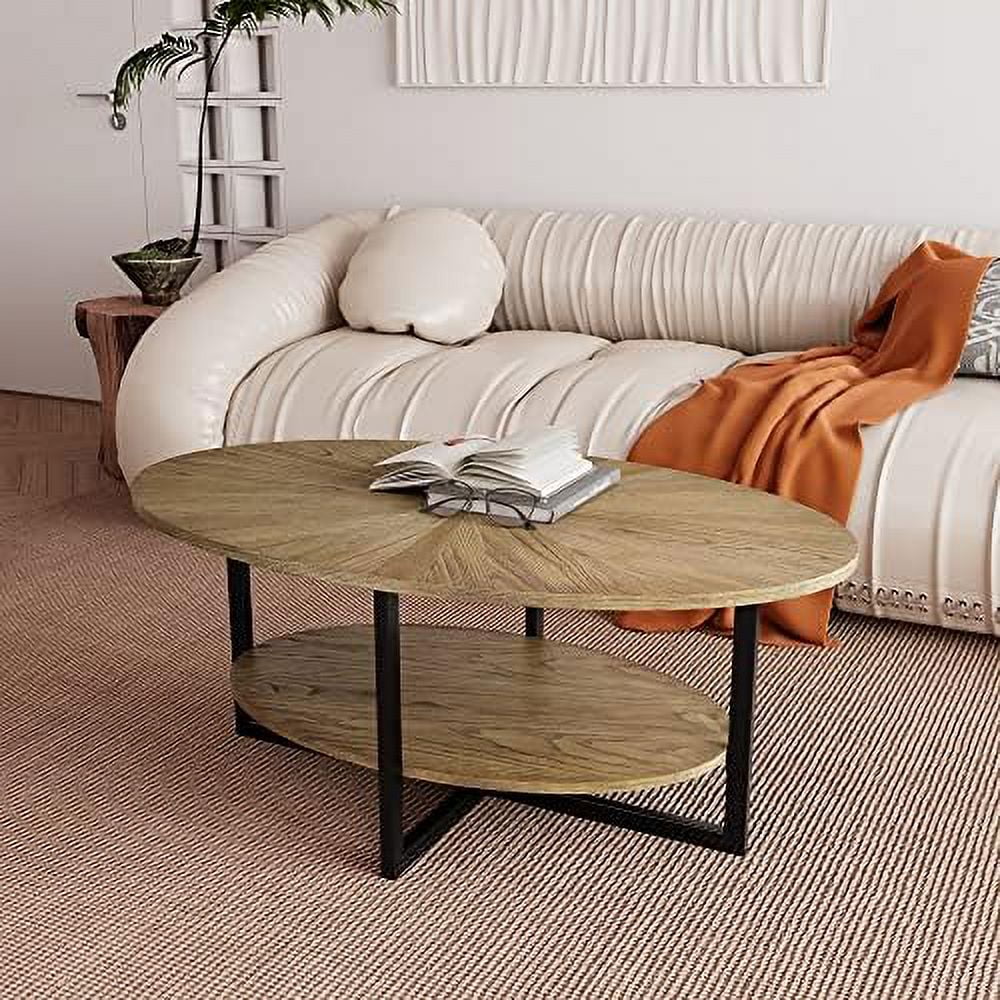 Oval Wood Coffee Table with Shelf 26" D x 43.3" W x 17.9" H Rustic Natural W582840