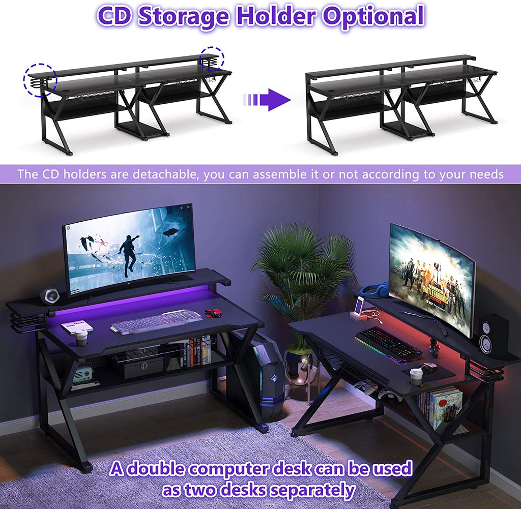 Double Gaming Desk with Hutch Monitor Stand Riser, 102-Inch Two Person Computer Desk with Storage Bookshelf W2763
