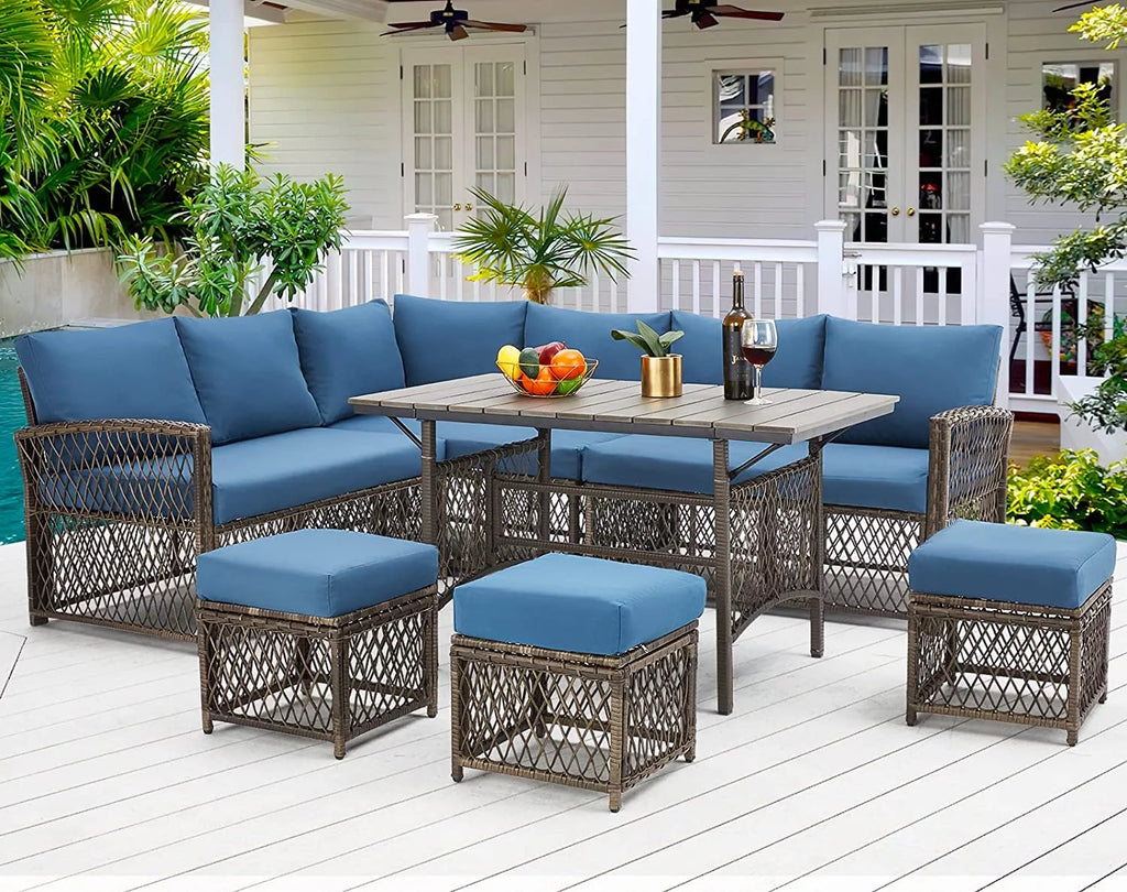 7-Piece Rattan Wicker Sectional Sofa and Dining Table Set M941067