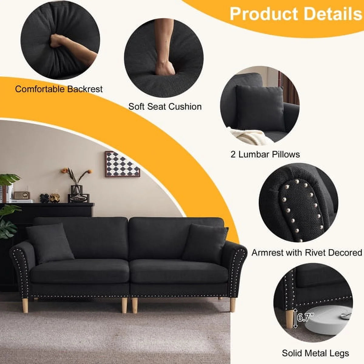 Black Upholstered 2-Seat Loveseat Sofa with 2 Pillows A725785