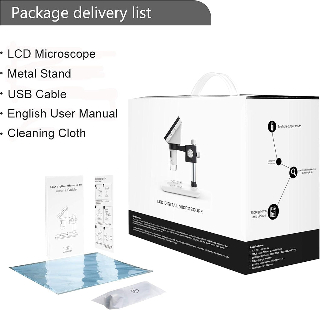 4.3 inch 50X-1000X 2 Megapixels USB Microscope with 32G TF Card Pack of 2 B437312