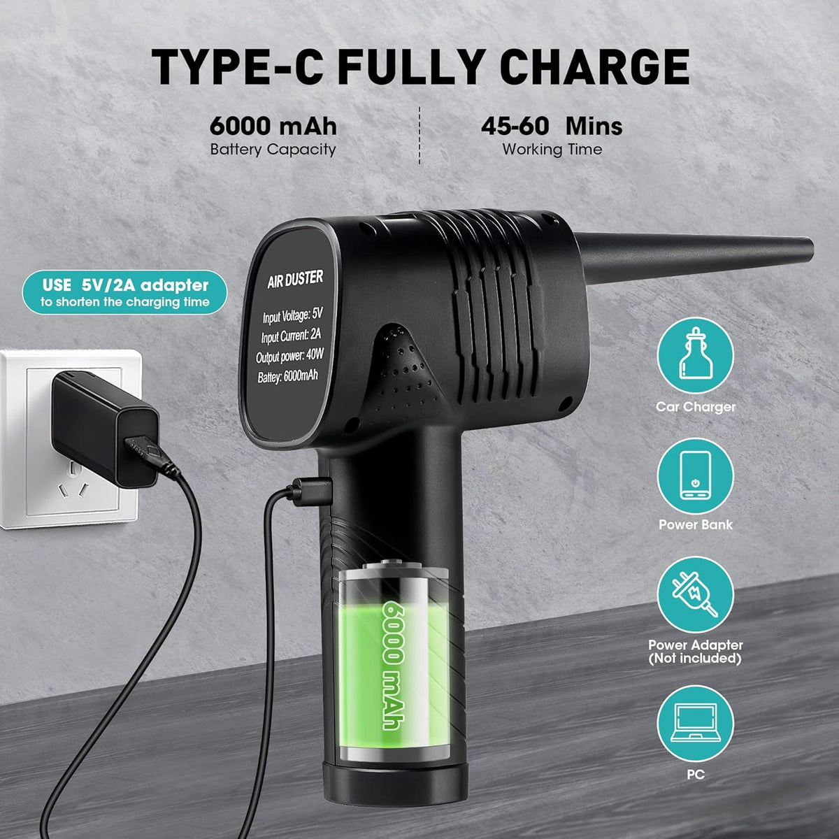 Cordless Electric Compressed Air Duster 33000 RPM 6000mAh Reusable Portable Air Duster A259