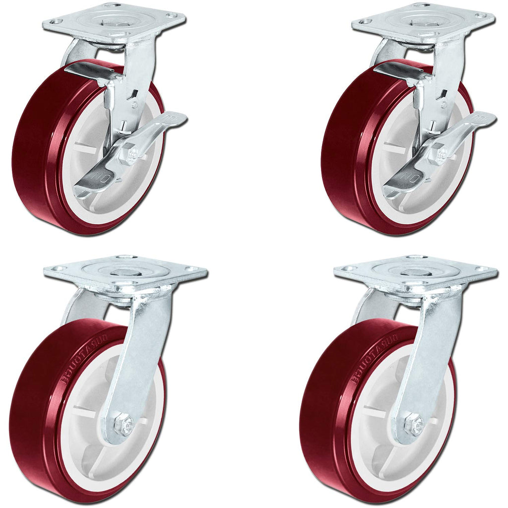 Heavy Duty Polyurethane Swivel Casters with Brake, 6 x 2, Pack of 4 T897215