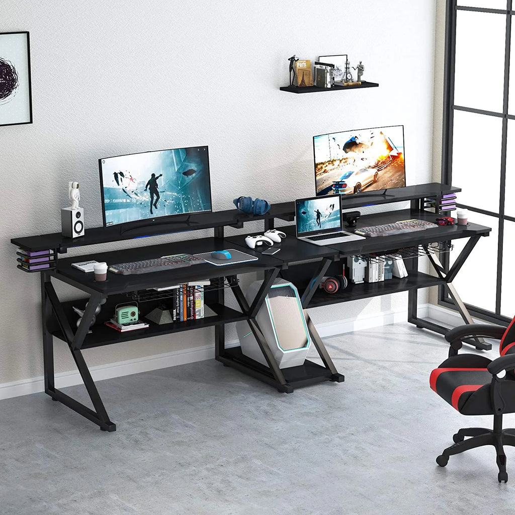 Double Gaming Desk with Hutch Monitor Stand Riser, 102-Inch Two Person Computer Desk with Storage Bookshelf W2763