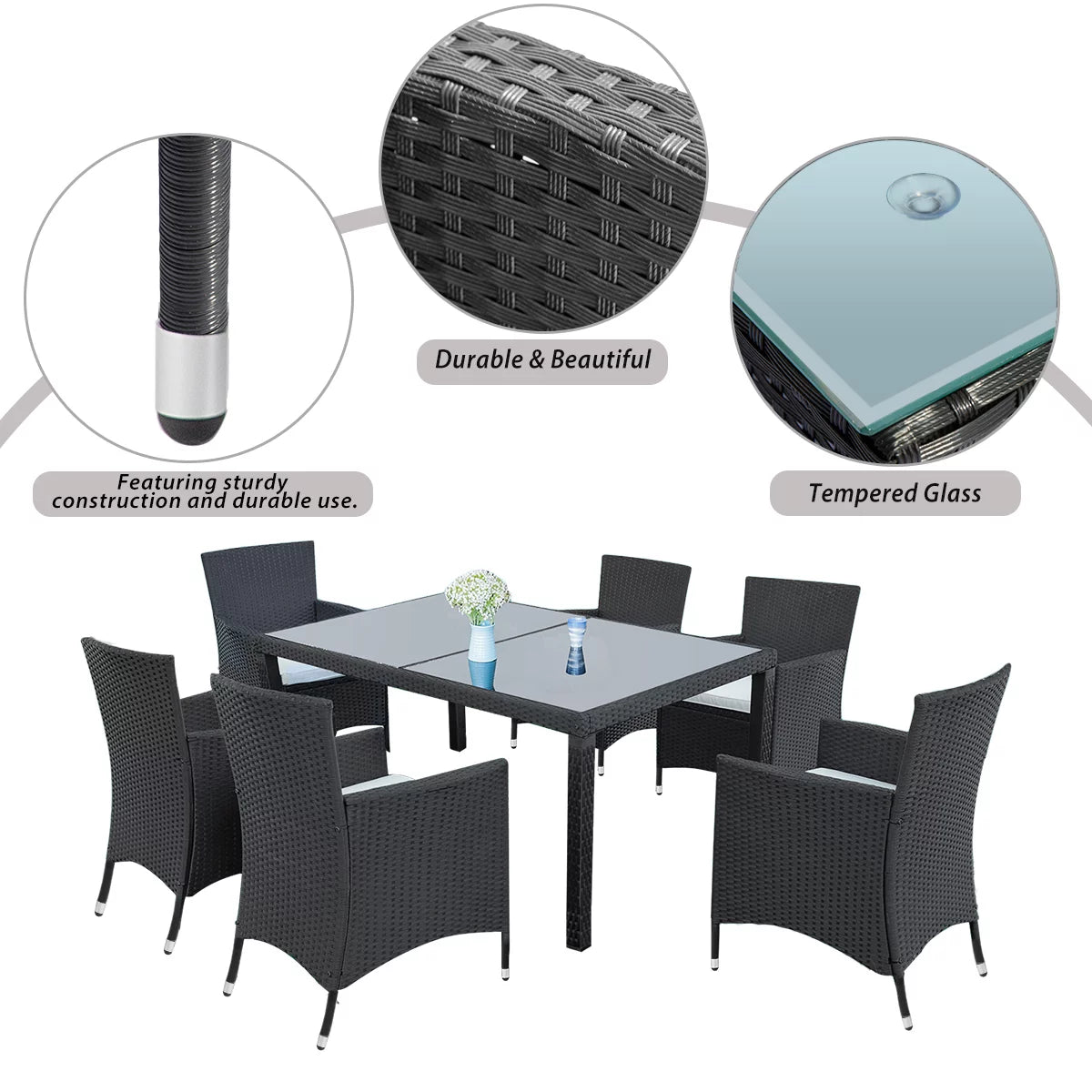 Outdoor PE Rattan Wicker Dining Set of 7 with 6 Chairs Q85952