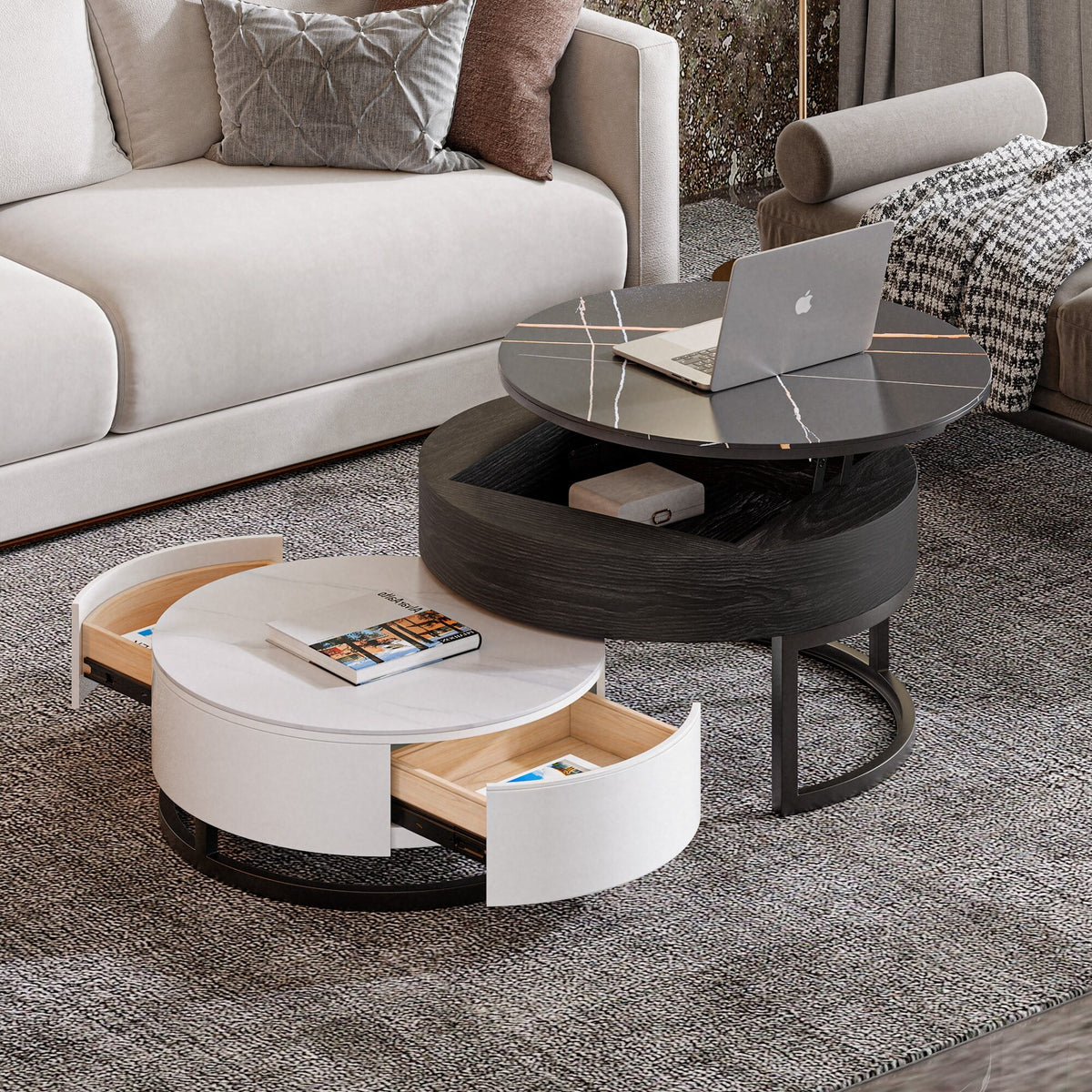 Round Lift-Top Nesting Coffee Table Set with 2 Drawers T890215