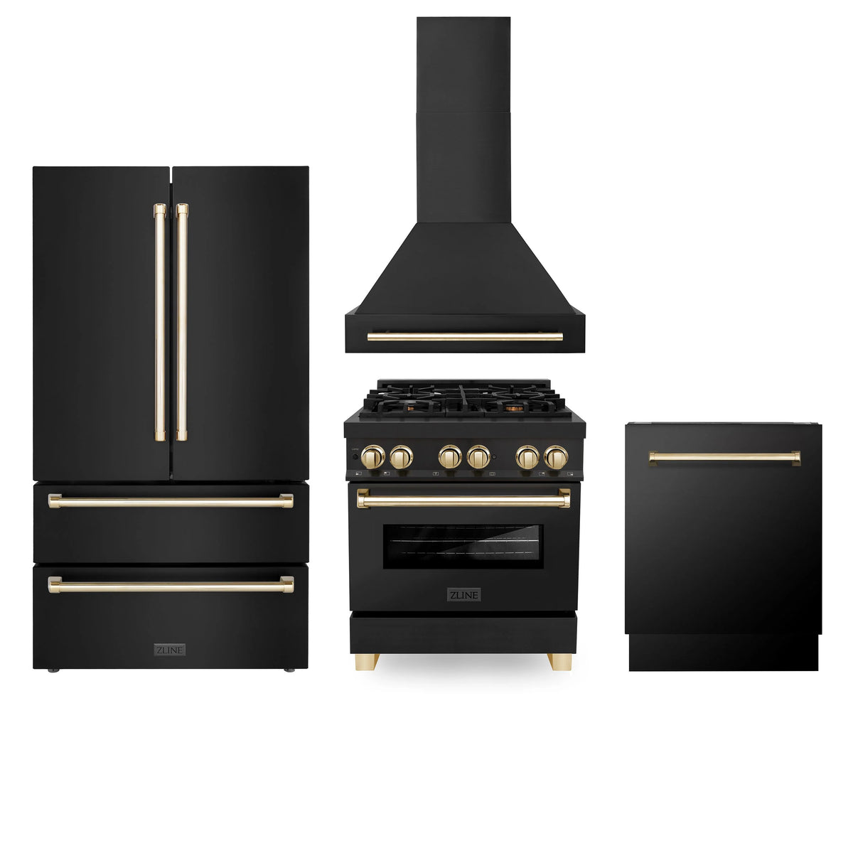 30 Dual Fuel Range, Range Hood, Refrigerator, Dishwasher in Black Stainless N6633
