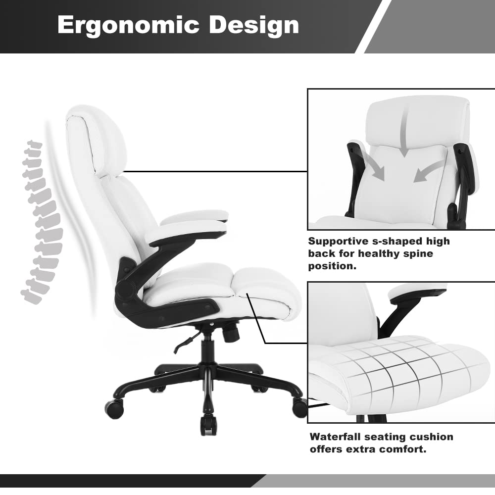 White Ergonomic High Back Leather Executive Office Chair with Flip-up Armrests R4209