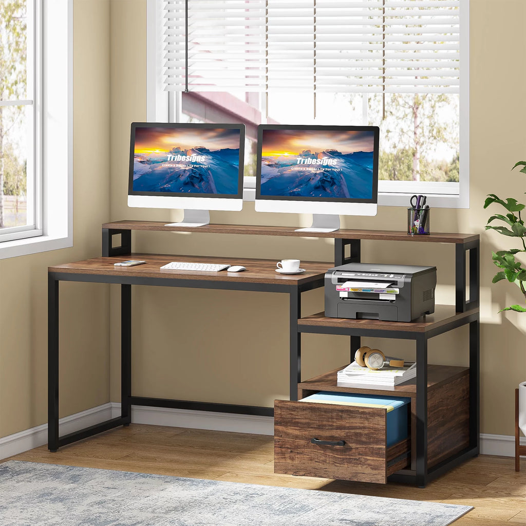 60 inch Computer Desk with File Drawer and Storage Shelves O661