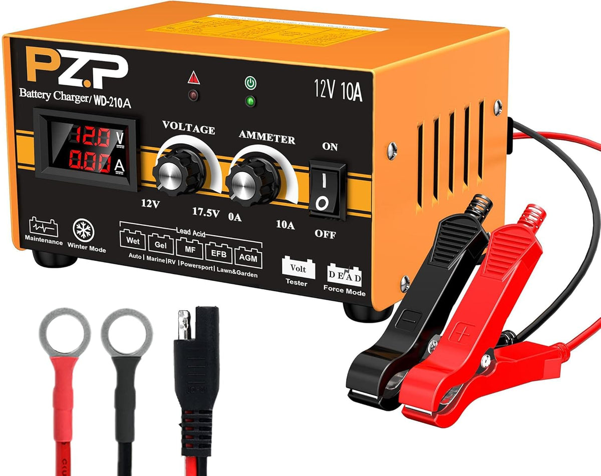 12V 0-10A Automatic Battery Charger and Maintainer with SAE Adapters, Battery Clamps and O-Ring Connectors S731092