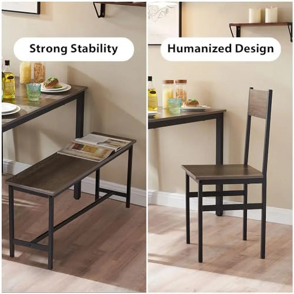 Dining Room Table Set with 2 Chairs and Bench Metal Frame Wood Q5476
