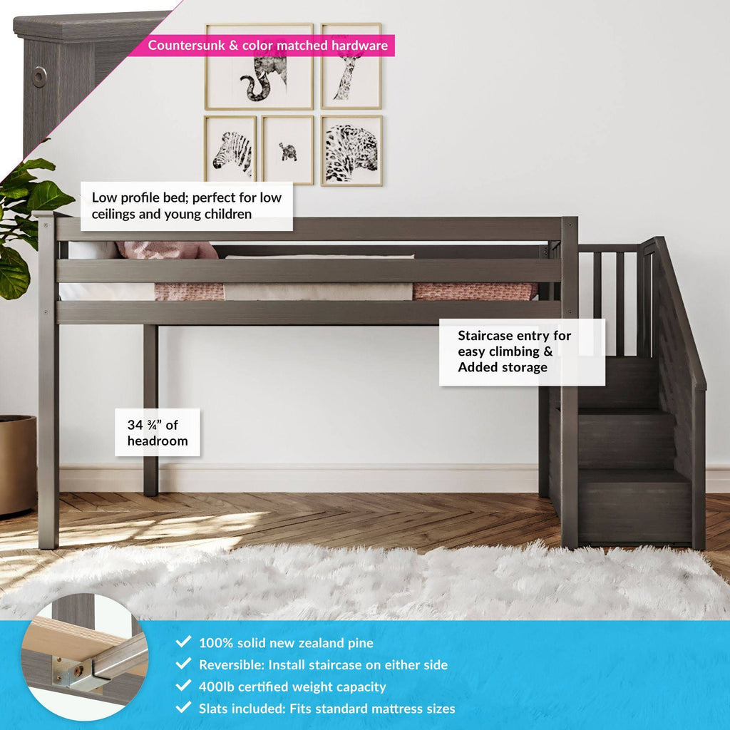 Twin-size Low Loft with Stairs - White N2033