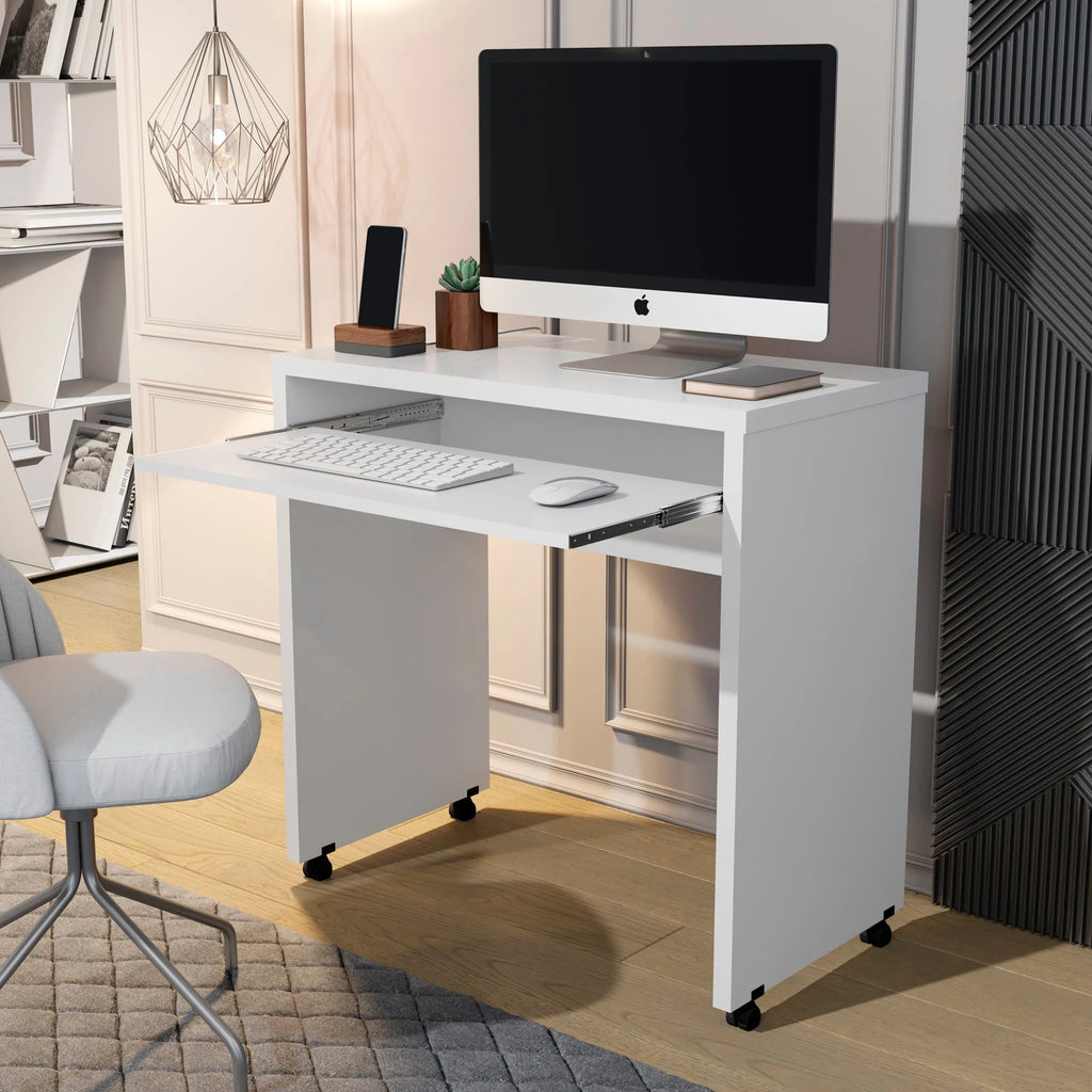 White Mobile Computer Desk with Keyboard Tray and Wheels C22953