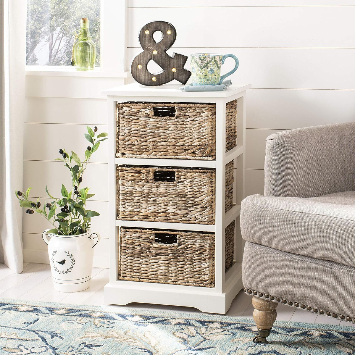 Distressed Black 3 Wicker Basket Storage Side Table D22353