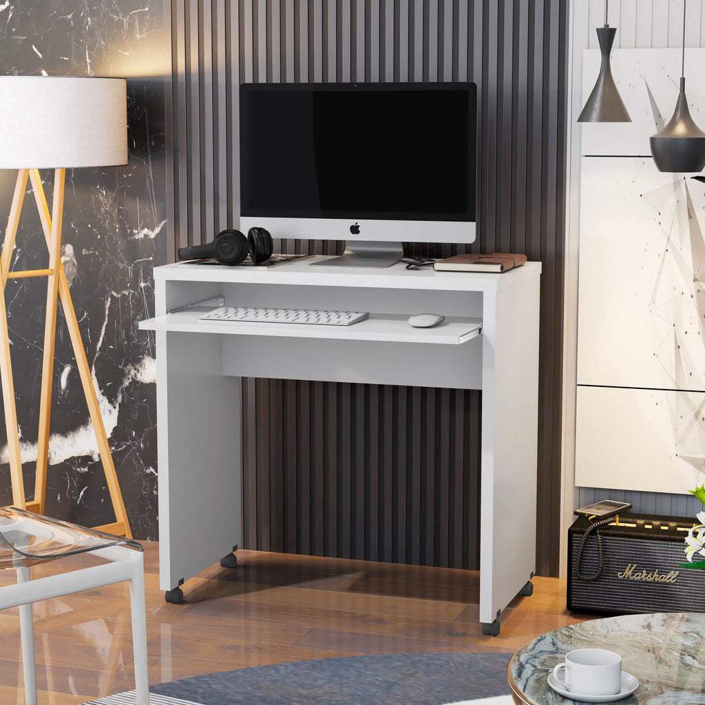 White Mobile Computer Desk with Keyboard Tray and Wheels C22953